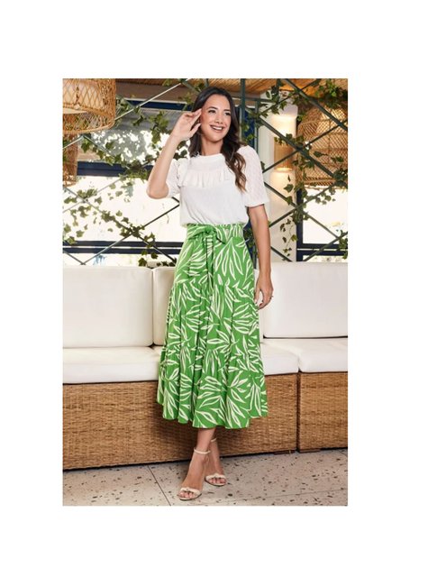Saia Quely Verde Estampada Linho Midi Tatá Martello