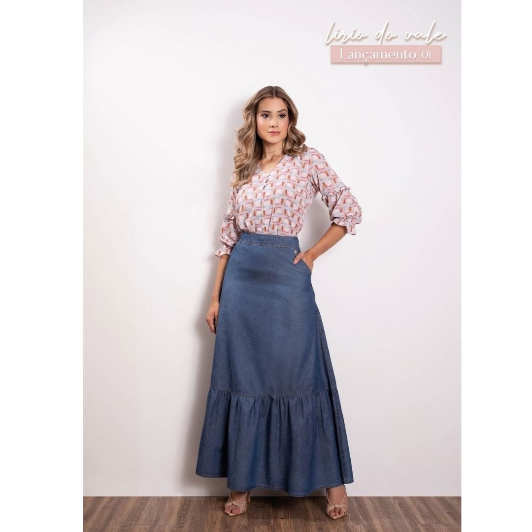 jeans evangelica saia jeans midi com babado na barra