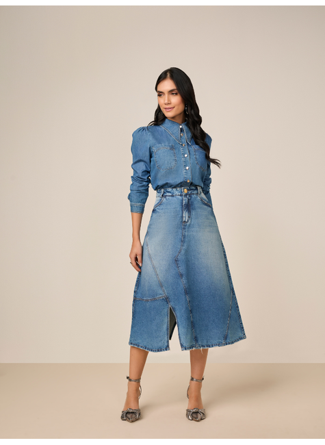 Saia Jeans Blusas Titanium Jeans Saia Evasê Jeans Midi Titanium
