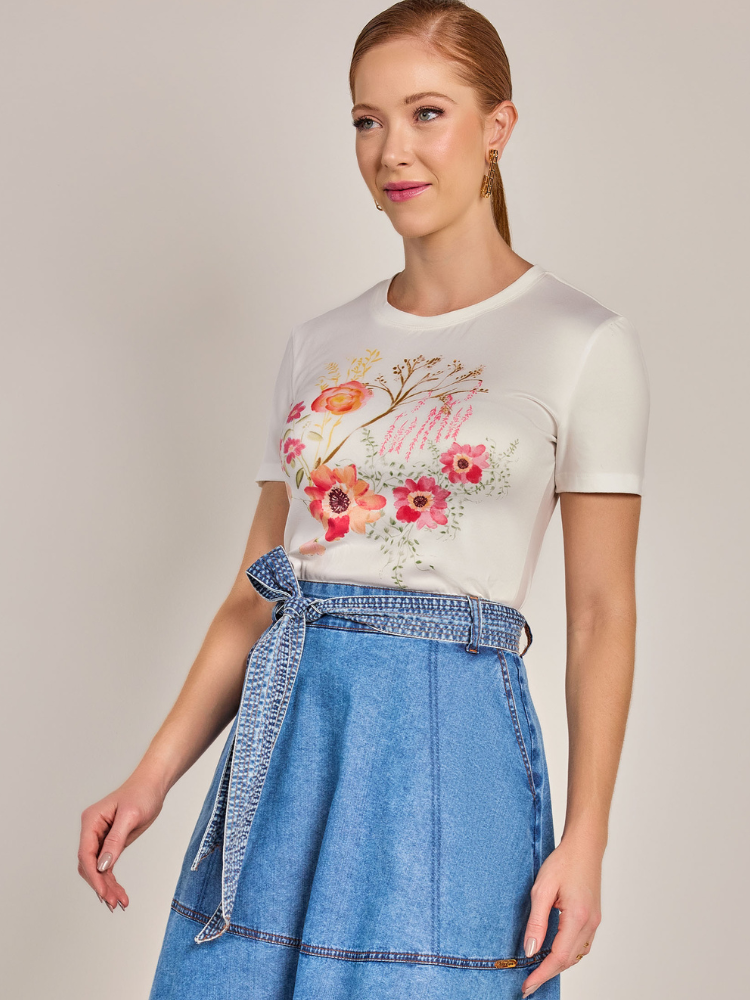 T-shirt Malha Estampa Exclusiva Laura Rosa Estampado