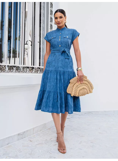 Vestido Luisa Midi no Algodo Bordado Tata Martello Azul